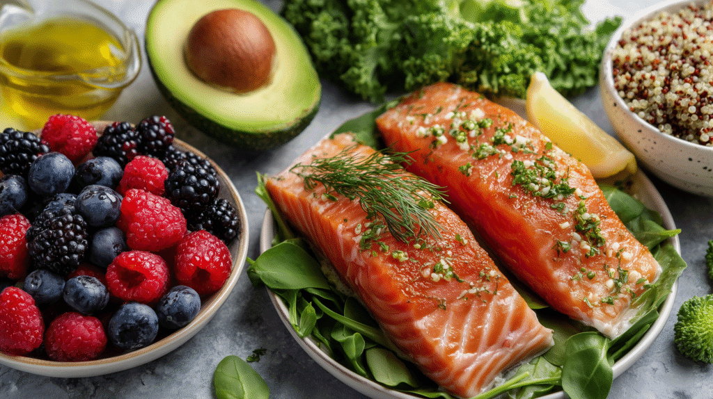 Flat lay of PCOS-friendly foods including avocado, berries, salmon, olive oil, quinoa, and leafy greens on a bright pastel background, symbolizing hormone balance and women’s wellness.