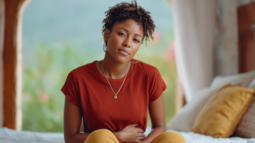 Woman holding her lower abdomen, appearing uncomfortable, representing painful but regular periods possibly linked to PCOS